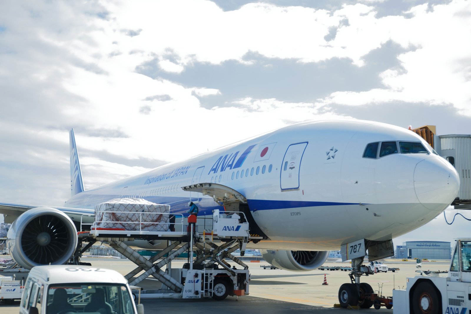 Cargo pallets being loaded onto an aircraft for air freight to Nepal