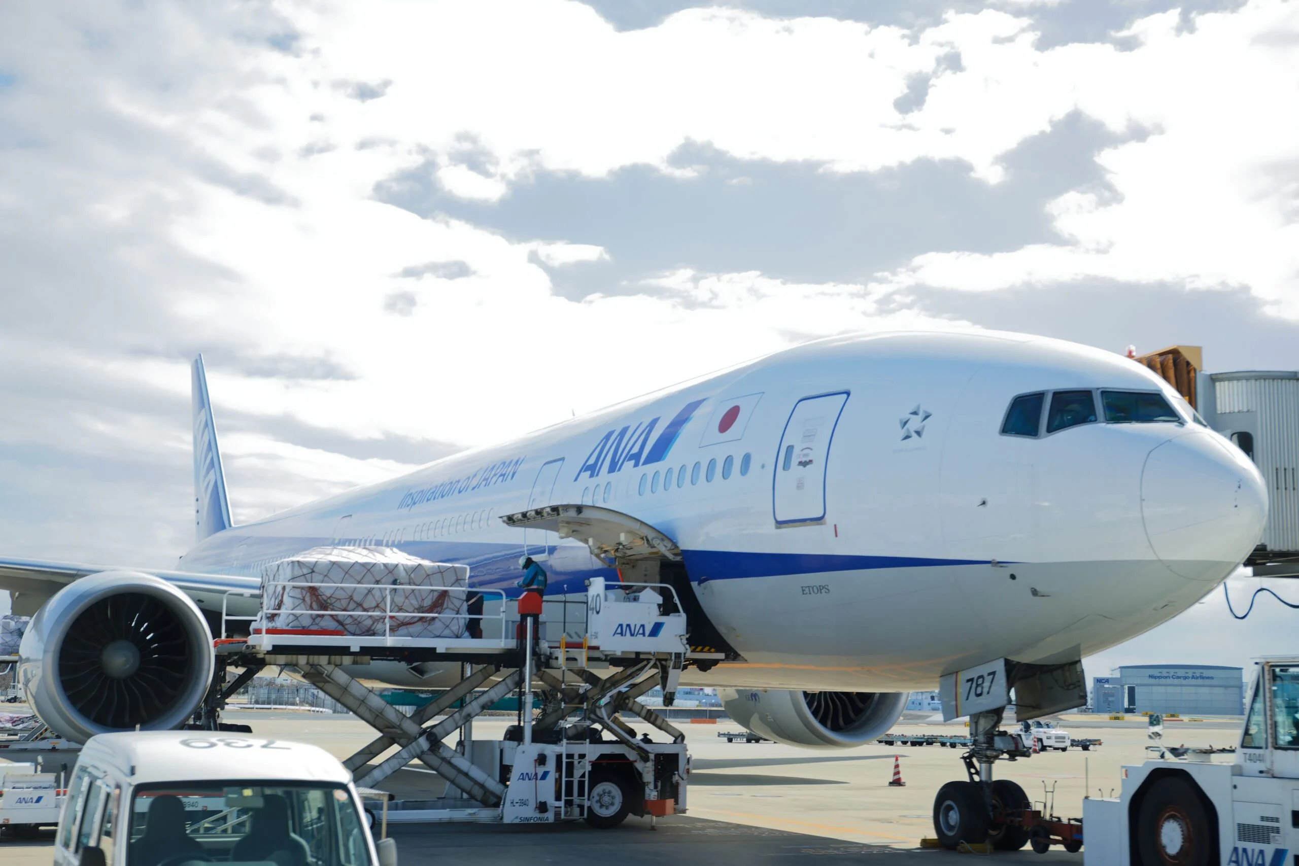 Cargo pallets being loaded onto an aircraft for air freight to Nepal